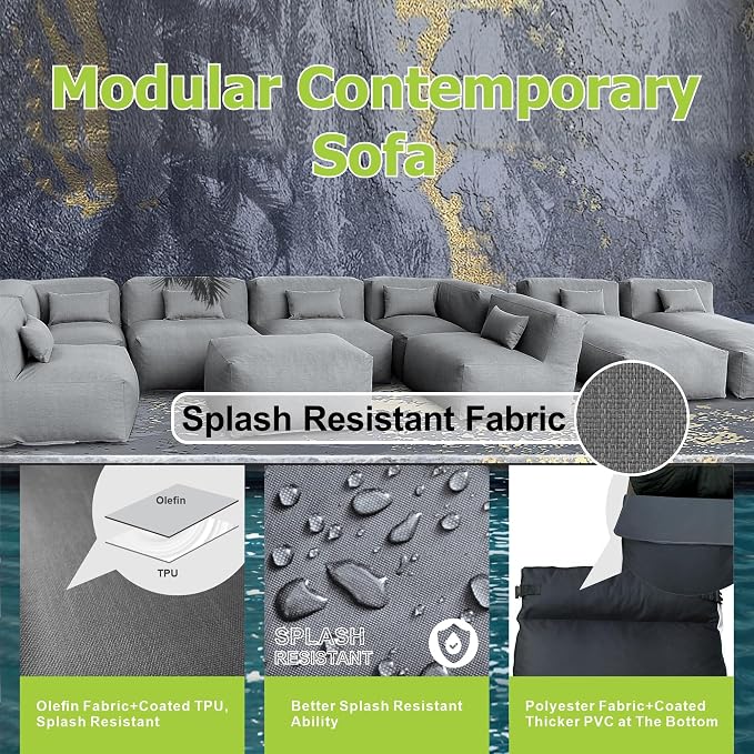 ANNYH Patio Eraclea 9PCS OUTDOOR Furniture Sectional Conversation Set - 2 Lounger 4Middle 2 Corner 1 Ottoman/Coffee - Expansion Foam Filling CHAIRS. UNIQUE Modular Contemporary Sofa (Dark Gray)