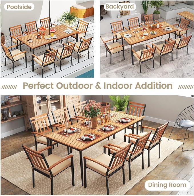 RELAX4LIFE Wooden Outdoor Dining Table for 8, 79’’ Acacia Wood Patio Table w/2’’ Umbrella Hole, Slatted Tabletop & Metal Legs, Indoor Outdoor Rectangular Picnic Table, 8-Person Patio Dining Table