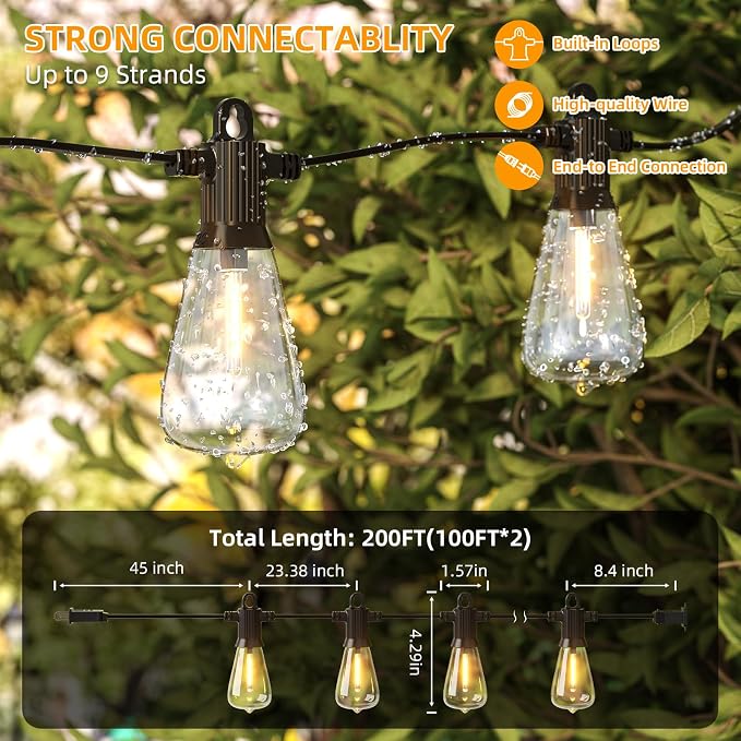 FOOMAN LED Outdoor String Lights, 200FT Outside Waterproof Patio Lights with 100+4 Shatterproof ST38 Edison Bulbs, 2700K Warm White Hanging Light, Dimmable Light for Backyard Porch Gazebo(100FT x 2)