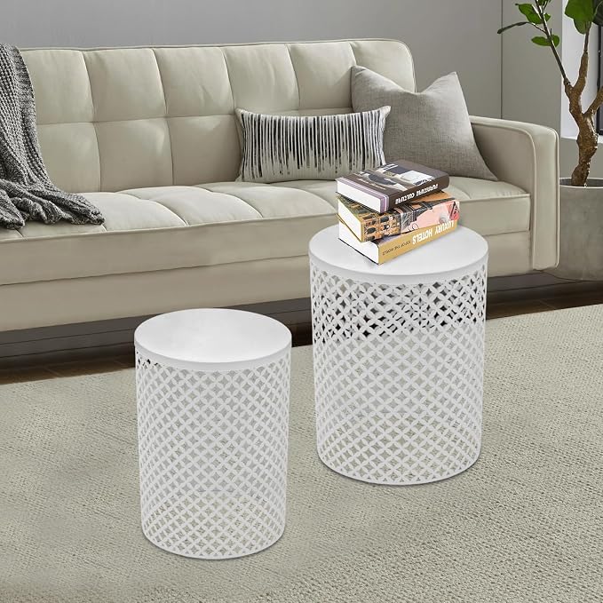 Set of 2 Outdoor Side Table, Garden Stool for Patio, Metal Accent Table Modern End Table, Patio Side Table for Garden, Balcony, Bedroom Indoor Outdoor Decorative, Cream White