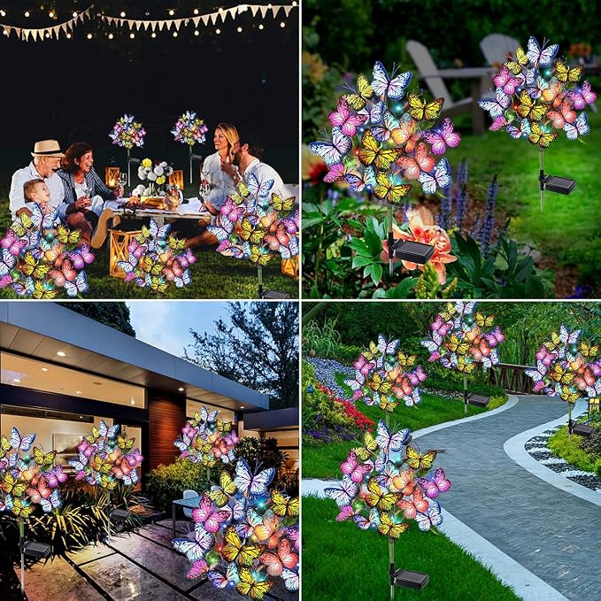 Adecorty Solar Garden Lights Outdoor Waterproof Decorative Solar Lights Outdoor 8 Pack with 176 LED 136 Butterfly Flower Garden Decor Yard Decorations Patio Lawn, Gifts for Mother's Day Mom Women