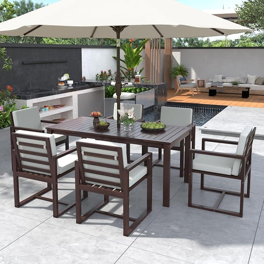 VilroCaz Patio Dining Set Outdoor Dining Table and Chair Set, Acacia Wood All Weather 7 Pieces Dining Gathering Set with Removable Cushions for Patio, Backyard, Garden