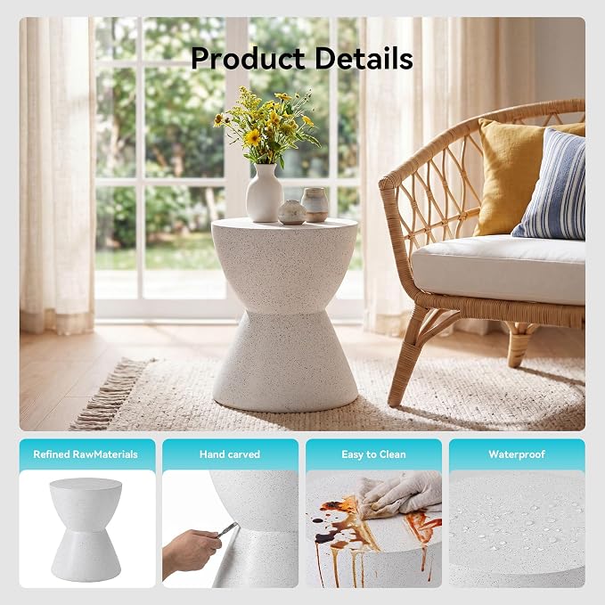 COSIEST Outdoor Drum Side Table, 19" Modern Concrete Hourglass End Table for Patio, Small Round Outside Accent Table & Plant Stand for Garden, Porch, Deck, Balcony，White