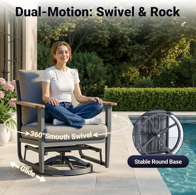 Aluminum Outdoor Patio Furniture Set, 5-Piece Outdoor Sofa with 5.1" Thick Cushions, Swivel Rocking Chairs, 55,000 BTU Propane Fire Pit Table, Outdoor Couch for Backyard, Balcony, Gray