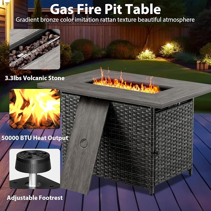 4 Piece Wicker Patio Furniture with Fire Pit Table - Outdoor Conversation Set with 50,000 BTU Fire Pit, All Weather Rattan Patio Set for Deck Backyard Garden - Grey Wicker Beige Cushion