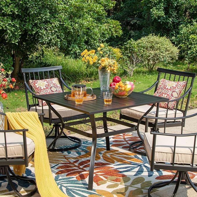 PHI VILLA 37" Patio Table for 4, Metal Outdoor Dining Table with E-Coating, Square Steel Slated Outdoor Table with 1.57" Umbrella Hole for Garden Backyard, Black