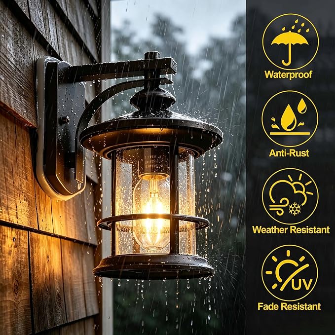 MICSIU 2 Pack Oil Rubbed Bronze Outdoor Wall Light, 10 Inch Rustic Cottage | Max 100W Metal Round Exterior Sconce with Clear Seedy Glass, WaterWroof Porch Light for Entryway, Garage, Bathroom