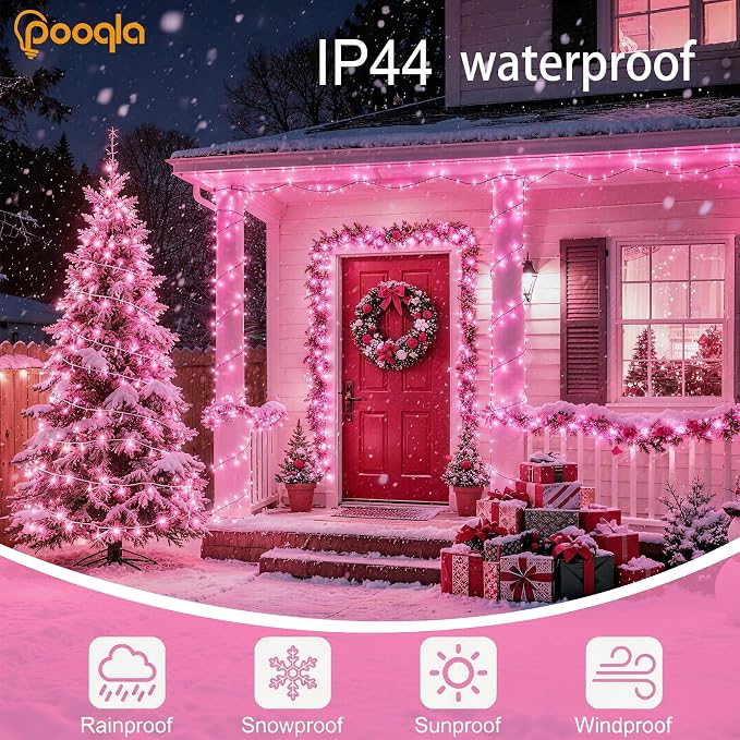 200 LED Pink Christmas Lights Outdoor String Lights, 66 ft | Green Wire Waterproof Twinkle Fairy Lights with Timer, 8 Modes Connectable String Lights Indoor Bedroom Halloween Decorations