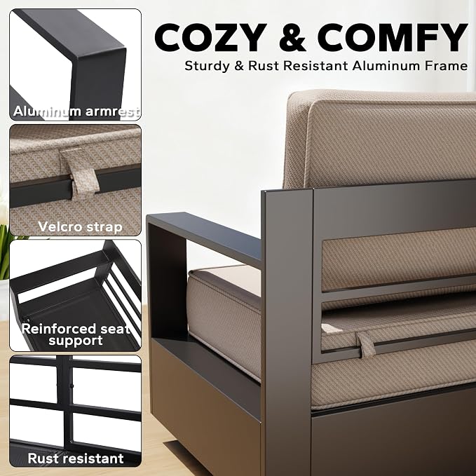 Aluminum Patio 79" Sofa Set with 2 Armchairs, All Weather Outdoor Conversation Furniture Set with Metal Armrest & 6" Water-Resistant Cushions & Furniture Covers for Deck Porch (Beige)