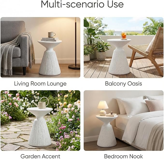 Polibi Retro Speckled MGO Side Table, All-Weather White Marble Textured End Table with Vertical Pedestal, Bohemian Outdoor Accent Table for Patio, Garden, Living Room and Office, Weather Resistant