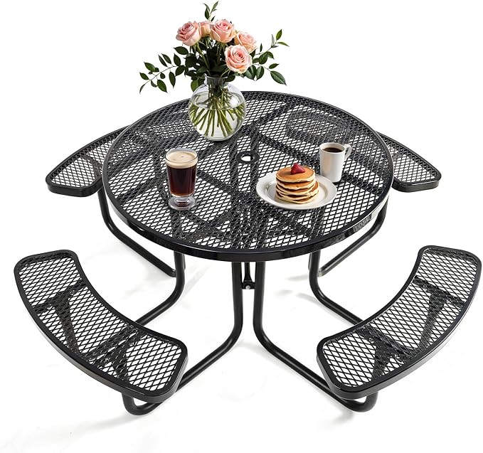 47'' Heavy Duty Picnic Round Table with Umbrella Hole, Expanded Meta Outdoor Metal Patio Dining Table Park Bench Set, Steel Mesh Outdoor Patio Furniture for Garden, Lawn, Patio, Porch, Park, Yard