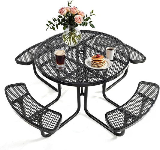 46IN Round Outdoor Picnic Table with Attached Seats, Heavy-Duty Metal Expanded Mesh Patio Table, 1600LBS Load Capacity Commercial-Grade Table for Park, Backyard, Deck, Black