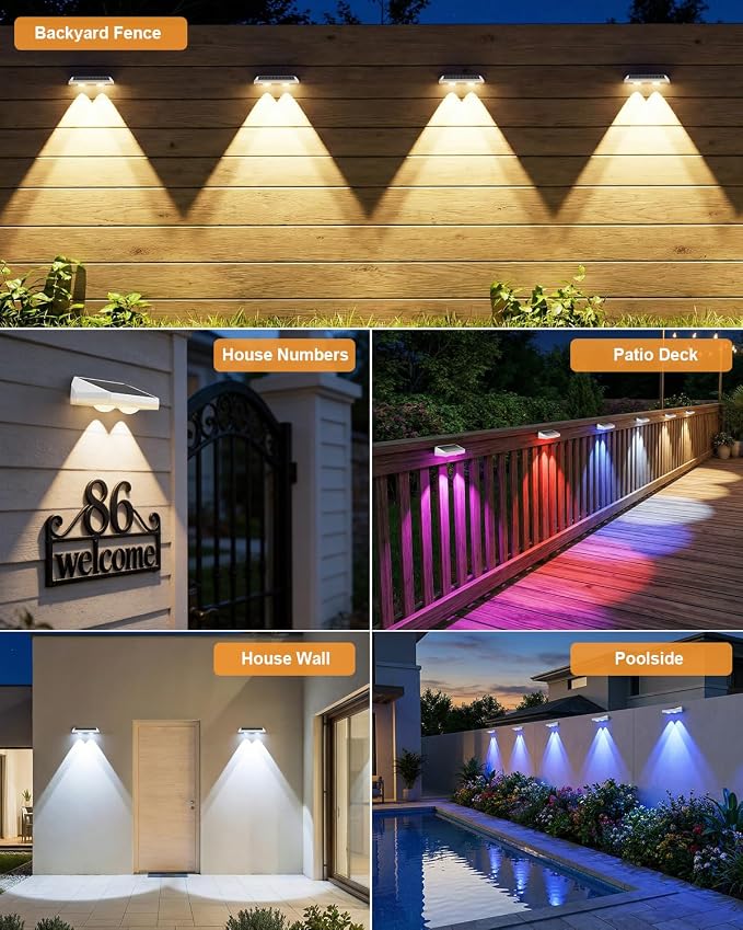Solar Fence Lights Outdoor ,3000/4500/6000K 13 Mode, 12 Pack Fence Lights Solar Powered with Ultra-Bright Lens IP65 Waterproof,Solar Wall Light for Backyard/Step/Patio/Deck/Stair/Railings(White)