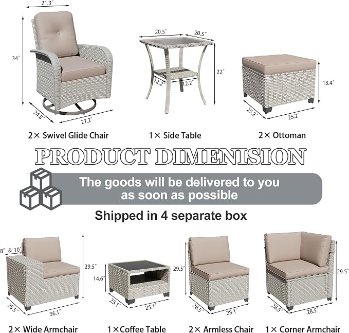 11-Piece Outdoor Patio Furniture Set, Modular Sectional Sofa Set with Swivel Rocker Chairs & Ottomans, Wicker Outdoor Couch Conversation Sets w/Coffee Table and Cushions, Khaki