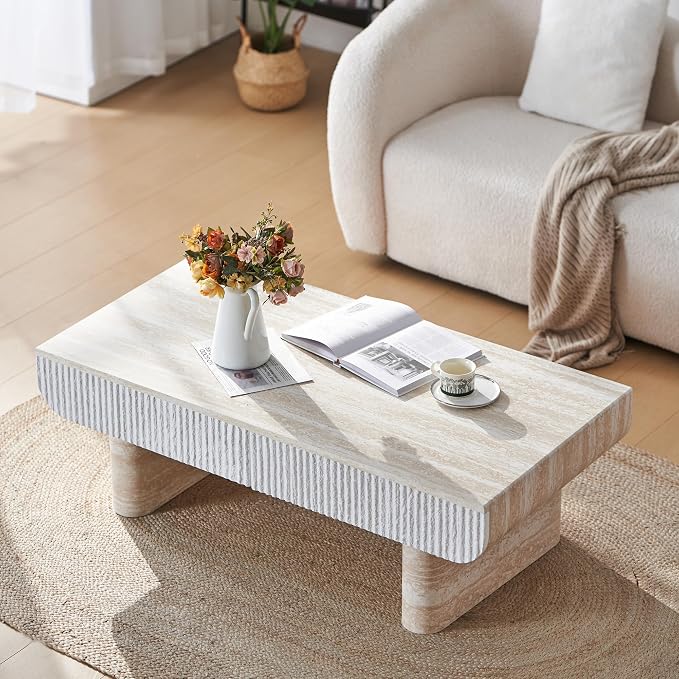 46.85" Faux Marble Coffee Table with Drawer Faux Travertine Pattern Rectangular Coffee Table for Living Room Wood Center Table Accent Tea Table for Apartment Office, Mars Pattern