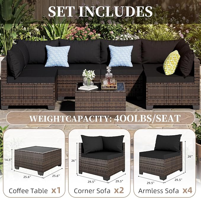 7 Pieces Patio Furniture Set - Outdoor Sectional Wicker Rattan Furniture, with Cushion and Glass Table, Patio Conversation Sets, for Porch, Poolside, Backyard, Outdoor Sofa Set