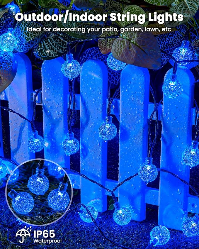 Brightown Solar String Lights Outdoor Waterproof, 2 Pack 60 LED 36.5 FT Each, 8 Lighting Modes Solar Powered Patio Lights for Garden Yard Porch Wedding Party Decor (Blue)