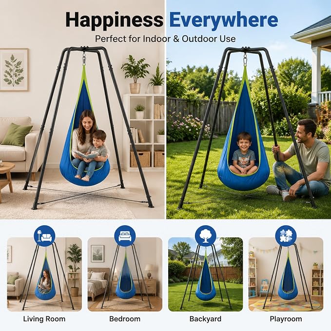 Hammock with Stand for Outside,X-Shaped Anti-Tip Base,Sensory Pod Nest for Kids,Heavy-Duty Steel Frame, Stable Secure 330LBS Support,Indoor Outdoor Cozy Chair,Adults Relax,Bedroom Patio Garden,Blue