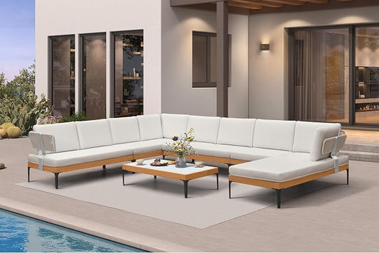 PURPLE LEAF Patio Furniture Set Outdoor Sectional Sofa with Coffee Table Fade-Resistant Cushions Wicker U-Shaped 9 Pieces Aluminum Conversation Sets for Balcony Yard Poolside Garden, White
