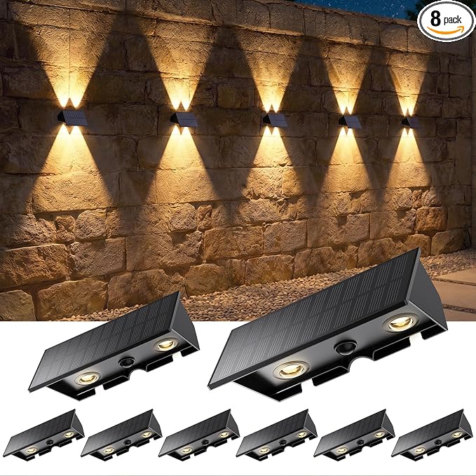 Solar Wall Lights Outdoor,8 PACK 3000/4000/6000K 3 Modes Up and Down Solar Fence Lights P65 Waterproof Dusk to Dawn Focused Beam Fence Lights Solar Powered for Porch /Patio/Backyard/Garage/Wall Decor