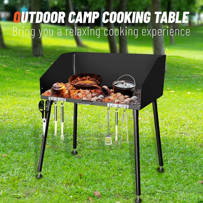 30 Inch Outdoor Camp Cooking Table, with Foldable Three-Sided Windscreen and Legs for Dutch Oven Cooking and Food Preparation with Charcoal Briquettes
