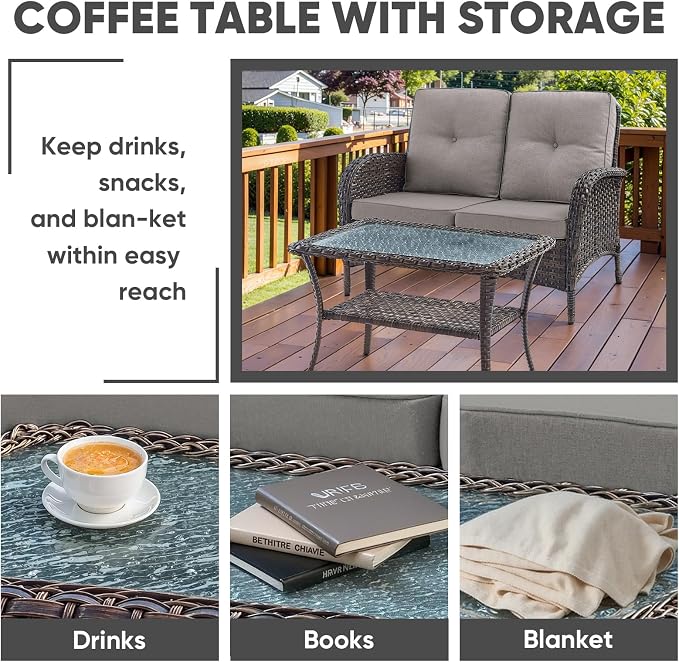 HUMMUH 4-Piece Patio Furniture Wicker Outdoor Conversation Set,All-Weather Rattan Outdoor Sofa Set Patio Chairs Coffee Table for Backyard,Porch,Deck