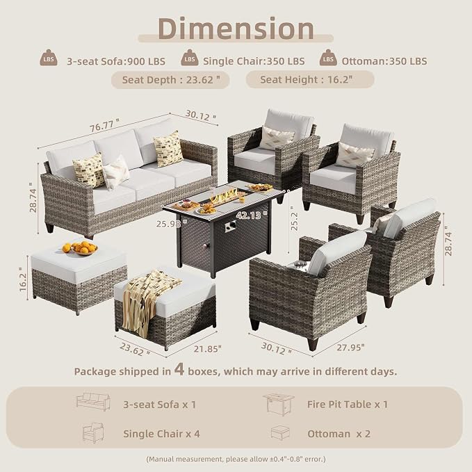 CAODOC 8-Piece Outdoor Wicker Patio Set with 9 Seats, Including 43" Fire Pit - Sectional Sofa and Conversation Set for Backyard or Lawn, Gray Rattan with Waterproof Gray Cushions