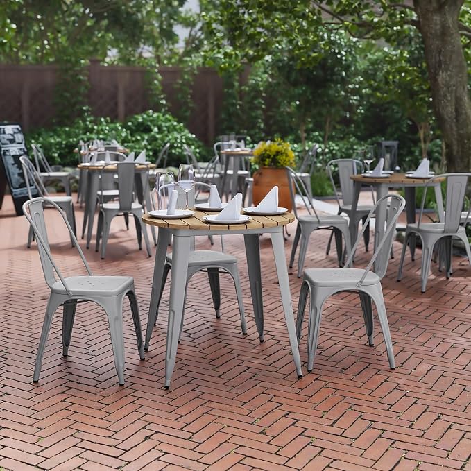 Flash Furniture Declan Commercial Outdoor Dining Table, All Weather Poly Resin Top with Steel Base, 30" Round, Brown/Silver