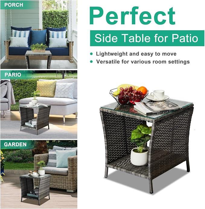 Outdoor Patio Wicker Side Table, Square End Table Bistro Coffee Table with Glass Top Storage Shelf for Porch Garden Backyard Rattan End Table Furniture with Storage (Light Grey)