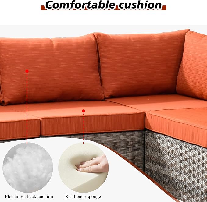 HOOOWOOO Outdoor Patio Sectional Furniture Sofa Set with Swivel Rocking Chair,8 Piece Modern Wicker Couch with Widened Armrest,Modular Conversation Seating Set for Garden(Orange Red)