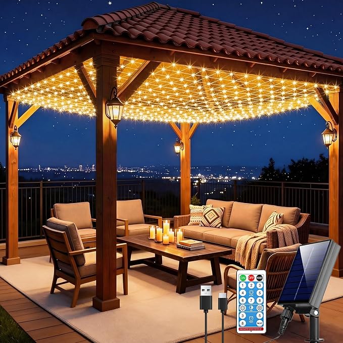 Solar Net Lights, 10x10ft 280LED Gazebo Net Lights Outdoor with 8 Modes, Solar & USB Powered Waterproof String Lights Clear Wire, Chandelier for Pergolas, Patio, Bush, Backyard Decor Warm White