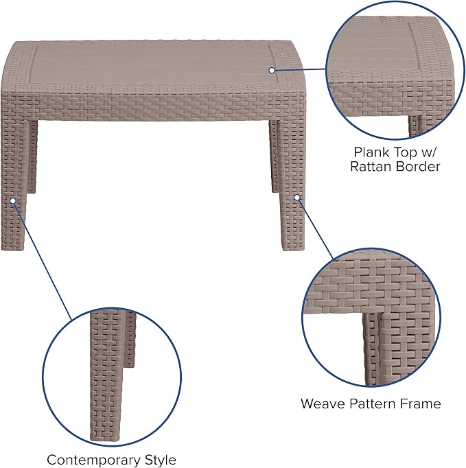 Merrick Lane Malmok Outdoor Furniture Patio Table - Light Gray Faux Rattan Wicker Pattern Coffee Table - All-Weather Use - Wood Plank Top Design