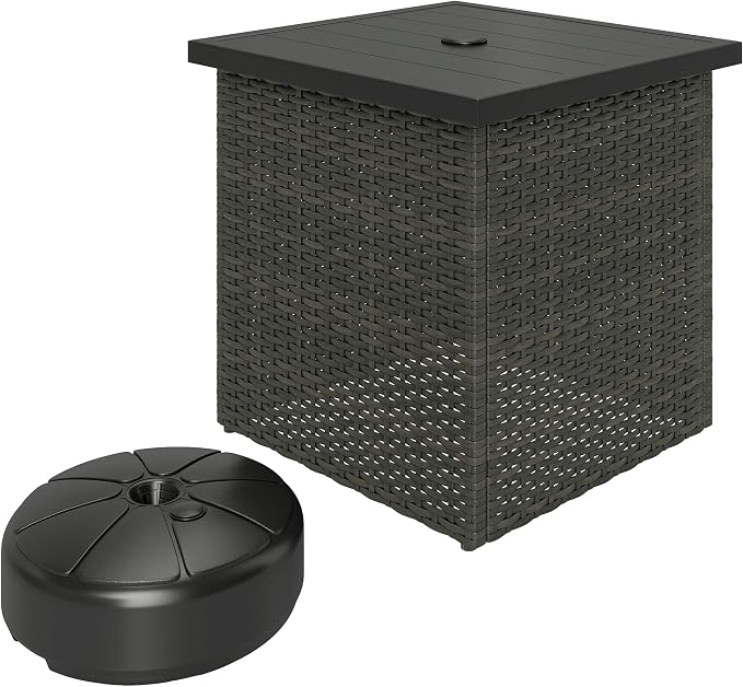 Outsunny All Weather Wicker Side Table with 1.5" Umbrella Hole, Square PE Rattan Outdoor End Table with Umbrella Base, UV-Resistant Frame, Storage Space for Patio, Garden, Poolside, Deck, Mixed-Brown