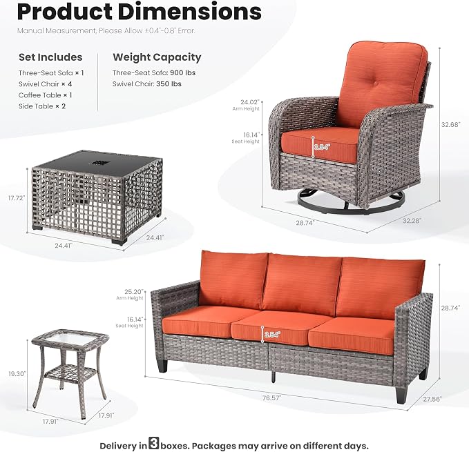 ovios 8 Pieces Patio Furniture Set, Outdoor Wicker Sofa Couch with Swivel Glider Chairs Solar Lights Table, Modern Deep Seat Rattan Conversation Sets for Deck Porch, Orange Red