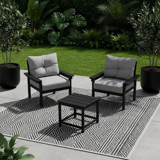 HDPE 3 Piece Patio Furniture Set, All-Weather Outdoor Couch Bistro Set with Thick Cushions & Side Table, Patio Conversation Sets for Lawn, Garden, Porch, Balcony, Deck, Poolside, Black & Grey