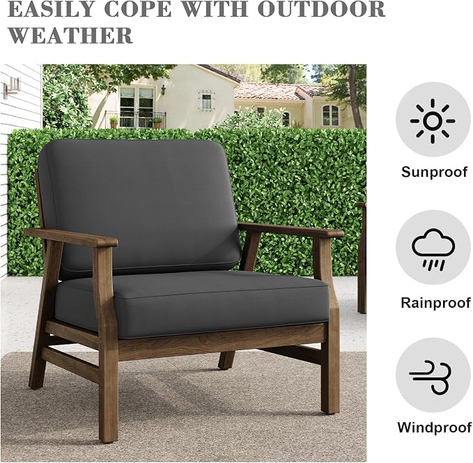 3 Piece Wood Outdoor Chairs Patio Bistro Set, Outdoor Armchair All Weather Patio Sofa Furniture Backyard Conversation Sets with Wooden Side Table - Dark Gray