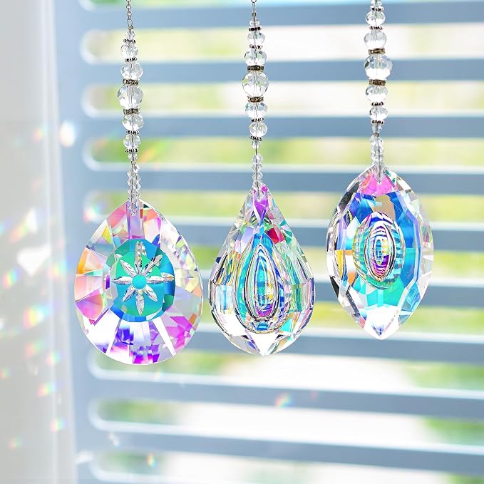 YU FENG 3PCS Crystal Prism Suncatcher, Window Hanging Rainbow Maker Set | AB Colored Glass Prisms, Faceted Crystal Design, Sun Catcher Decor for Home Garden Window, Creates Bright Rainbow Effects