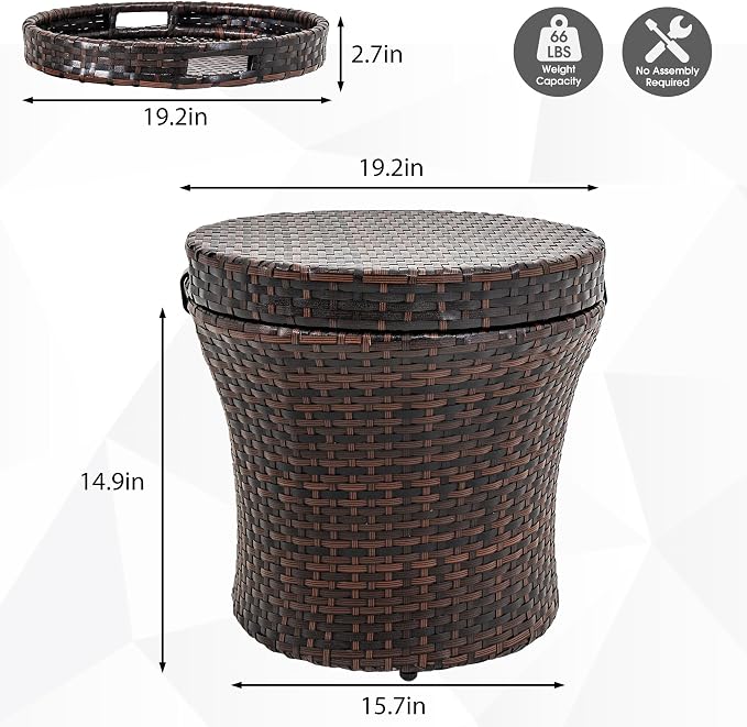 Sundale Outdoor Wicker Side Table with Storage, 20 Inch Small Patio Rattan End Table Accent Tables with Lid, Steel Frame Lightweight Brown