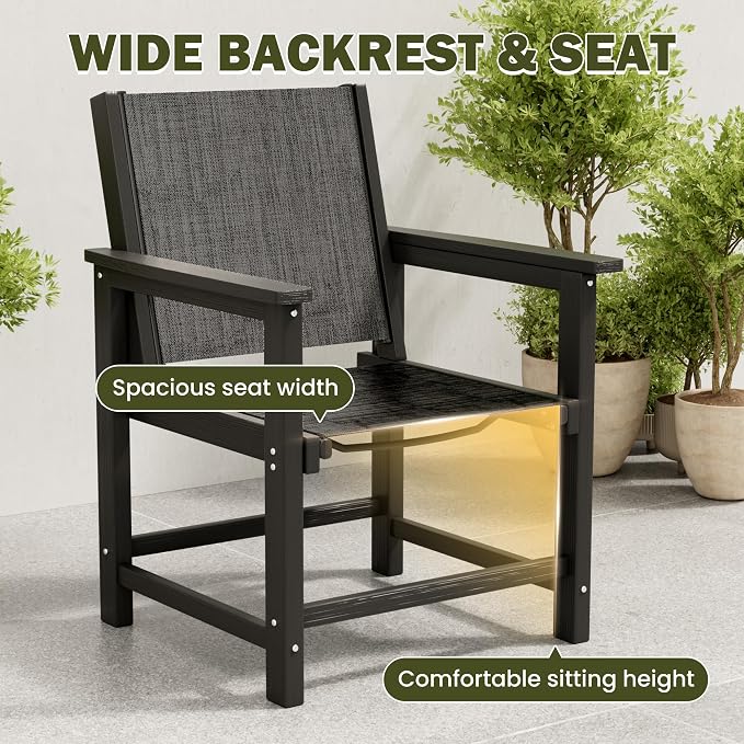 7 Piece HDPE Patio Dining Set, All-Weather Outdoor Table and Chair Sets with Umbrella Hole Outdoor Dining Table Sets of 6 Textilene Fabric Patio Chairs for Backyard, Poolside, Garden, Deck(Black)