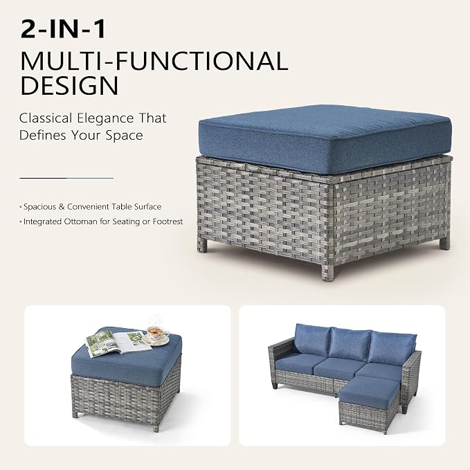 CAODOC 8-Piece Outdoor Wicker Patio Set with 9 Seats, Including 53" Fire Pit - Sectional Sofa and Conversation Set for Backyard or Lawn, Gray Rattan with Waterproof Blue Cushions