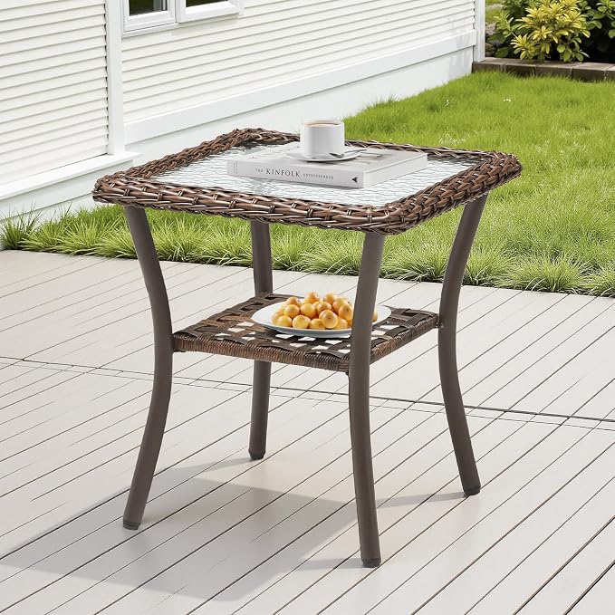 20x20x20 Outdoor Wicker Side Table, All-Weather Brown Rattan Small Patio Square End Table for Pool Balcony Deck Porch