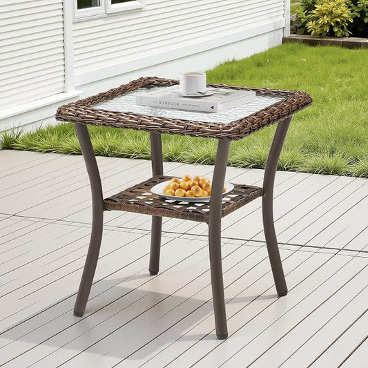 20x20x20 Outdoor Wicker Side Table, All-Weather Brown Rattan Small Patio Square End Table for Pool Balcony Deck Porch