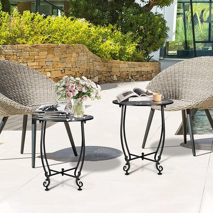2 Pack Small Outdoor Side Tables for Patio, 14 Inch Metal Patio Side Table, Weather Resistant Steel Outdoor Round End Table for Patio Porch Garden Yard Balcony, Black (Turtle Leaf)