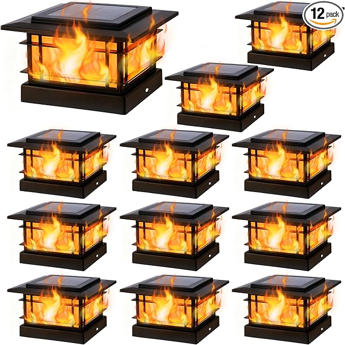 Dynaming 4x4 Solar Post Cap Lights Outdoor with Flickering Flame Light, 12 Pack Black Shell Fence Post Solar Lights Fit Vinyl/Wooden Posts, Brightness LED Lighting Decor for Garden Deck Patio