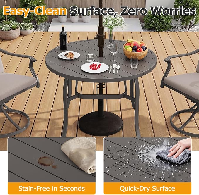 EROMMY 5-Piece Outdoor Patio Dining Set, 4 Swivel Chairs with Removable Cushions & Round Metal Table with Umbrella Hole, All-Weather Furniture for Backyard, Garden and Deck