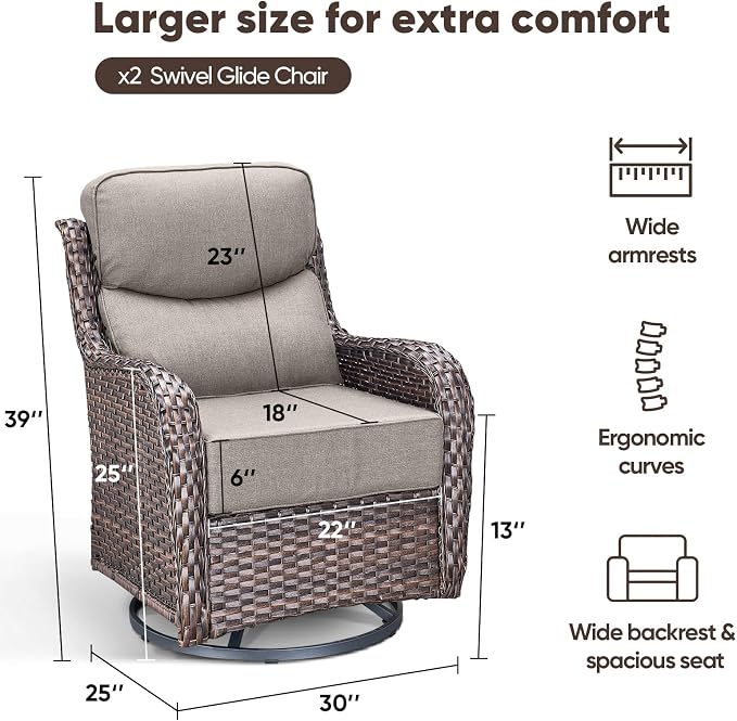 Swivel Patio Chairs sofa Set of 2 with 6" Thick Cushion - Wicker Outdoor Swivel Rocker Patio Chair ,Sofa/Glass coffee table, High Back Comfortable Outdoor Glider Chairs - Brown Wicker | Grey Cushions