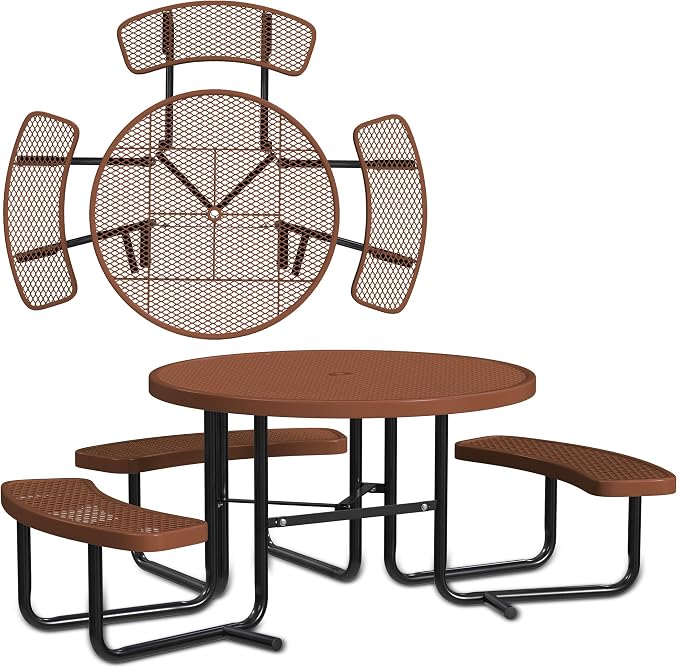 Leisure Craft Metal Picnic Table with Bench - 46" Round Outdoor Dining Table with Umbrella Hole, Heavy Duty Thermoplastic Coating, ADA Compliant, Commercial Grade Furniture Made in USA - Brown