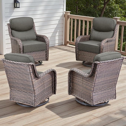 Rilyson Outdoor Swivel Rocker Chairs - All Weather Resistant Wicker Patio Furniture Set of 4 with High Back and 6 inch Thick Cushions for Deck Porch Yard and Poolside, Brown/Grey