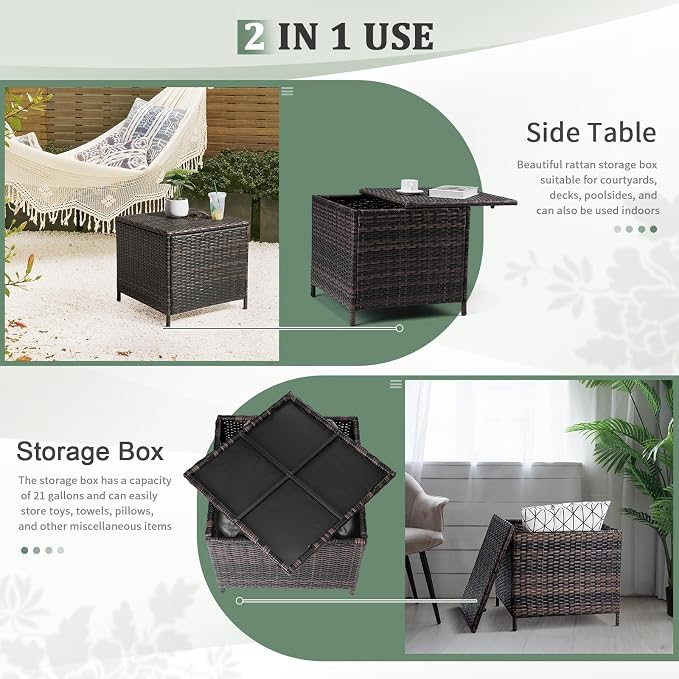 Patio Rattan End Table Square Container Outdoor PE Wicker Side Table with Storage for Furniture Covers Toys and Gardening Tools,Brown