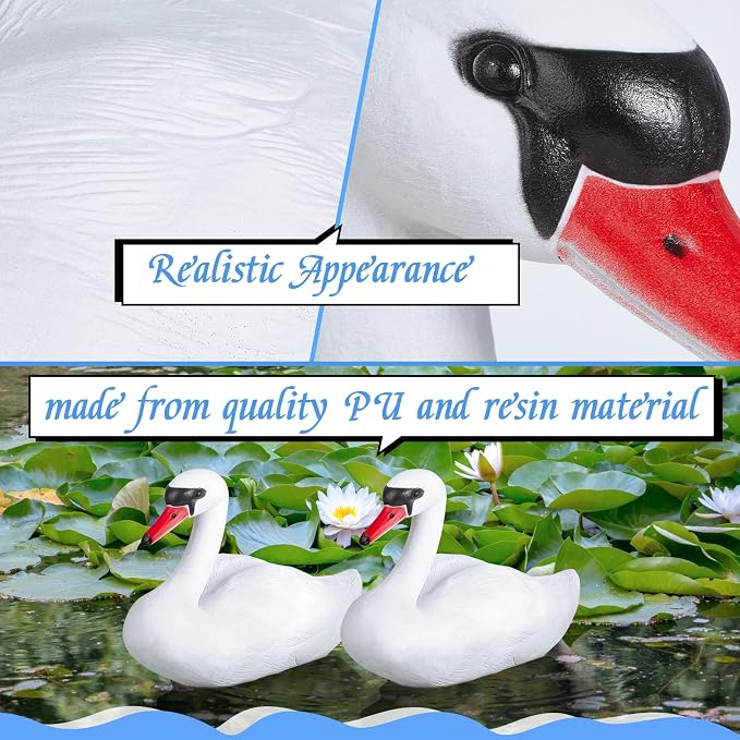 Deekin Swan Decoy Pool Float, 2 Pcs, Goose Decoy for Pond Garden, White | Floating Bird Deterrent, Realistic Swan Shape, Duck Deterrents for Pools, Pond Patio Decor, Water Surface Display